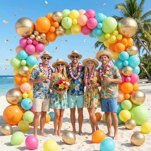 Image of Funhot Tropical Balloons, 60 Pcs Summer Balloon 12 Inch Teal Blue Metallic Gold Orange Pink Hot Fruit Green Balloons Multicolor for Aloha Luau Pool Party Hawaiian Baby Shower Birthday Party Decoration