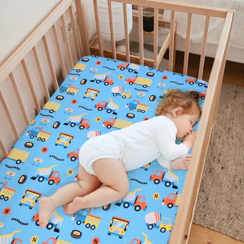 Image of JISEN Baby Crib Sheets Soft Breathable Fitted Crib Sheets for Standard Crib and Toddler Mattress Baby Bed Sheets for Crib for Boys Girls Neutral 52x28 Inch Blue Trucks