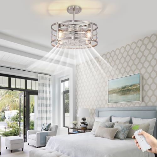 Doltoro SAND NICKEL Caged Ceiling Fans With Lights And Remote, Industrial Flush Mount Ceiling Fans Light, Small Enclosed Ceiling Fan For Bedroom Kitchen  thumb #7