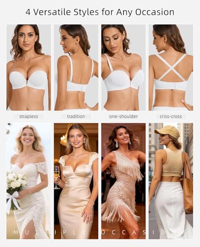 Image of Upushall Strapless Bra Push Up Non Slip Deep V Plunge Underwire Bras for Women Super Padded Add 1 Cup