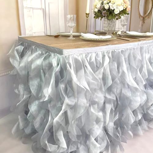 Image of Luxury Organza Mesh Table Skirt Draping Floating Romance - Perfect for Bridal Showers, Birthday Weddings - Clear Flowing Decoration for a Wonderful Main Cake Table (Silvey Grey-9ft, 108 inchLx30 inchH)