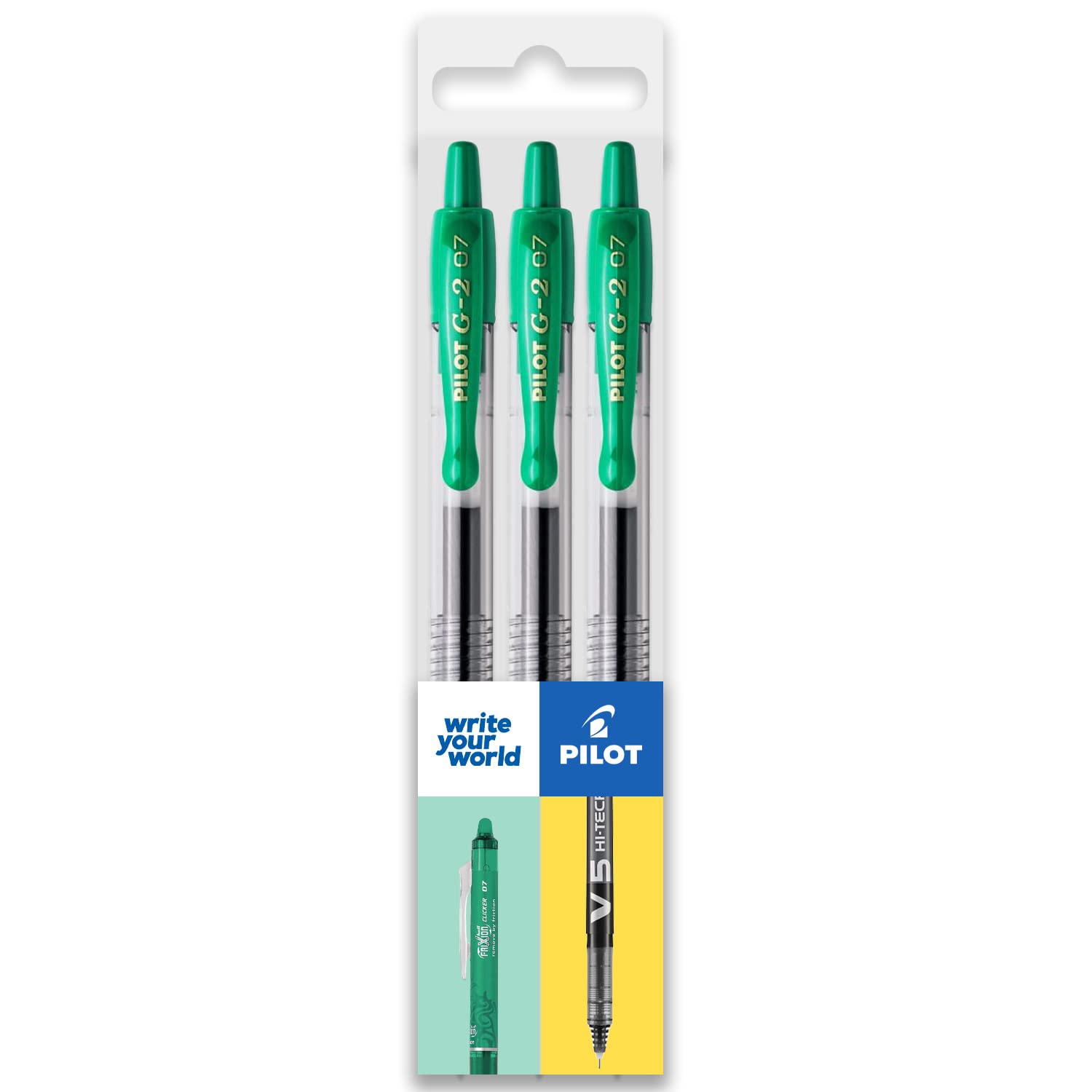 PILOT G-2 Retractable Gel Ink Rollerball Pens - 0.7mm Nib Tip - In Envelope Gift Packaging - Pack Set of 3 - Green Ink