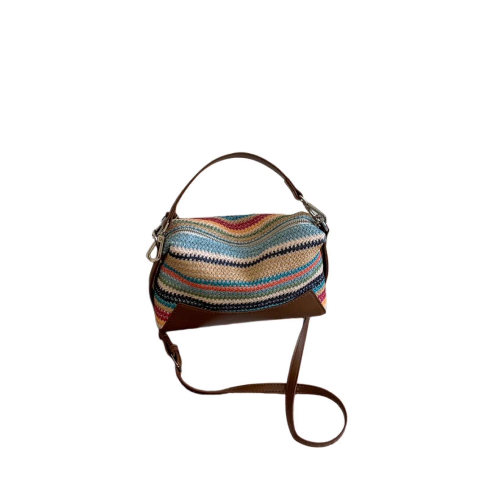 Bolso Hombro Paja Empalmado Tejido Barril De Cierre Cremallera Correas Desmontables Verano Playa Crossbody Mini Bolso-Black
