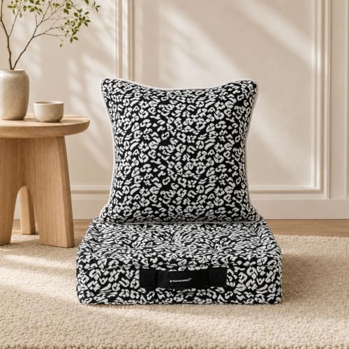 Image of Woven Quilted Floor Cushion Set 50x50x10 CM Black and White Animal with Fillers & Back Cushion, Large Size for Seating, Patio Seat, Meditation, Yoga, Pooja, Guests, Living 20x20x4 Inch