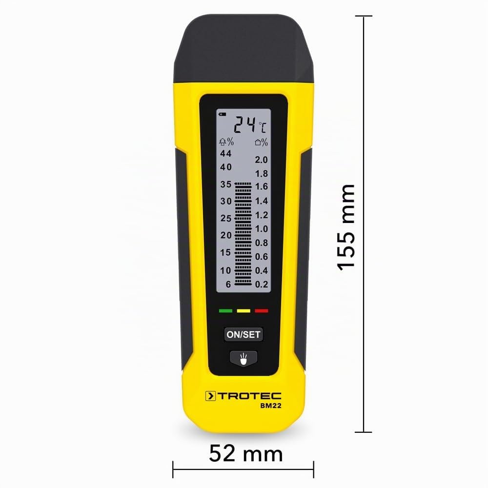 TROTEC Testeur d’humidité BM22 – Humidimètre Mesure Bois 6–44% et Matériaux 0,2–2% – affichage à double échelle, pointes acier remplaçables, thermomètre intégré, arrêt automatique