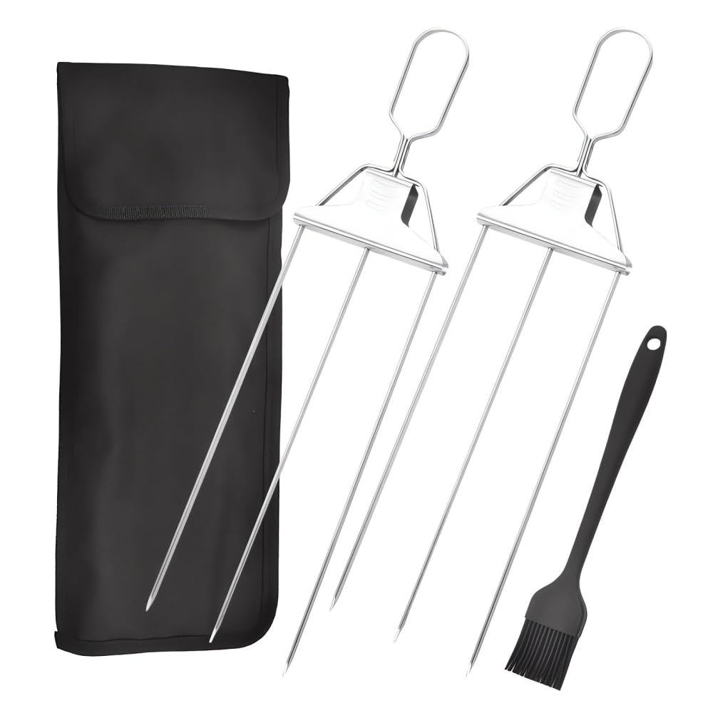 Kabob Skewer, 3 Prong Metal Grill Skewer Reusable BBQ Accessory with Push Bar Slider for Meat Veggies Marshmallows Fruits