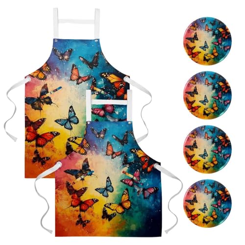 Lot de 2 tabliers de cuisine avec 4 broches à motif papillon multicolore