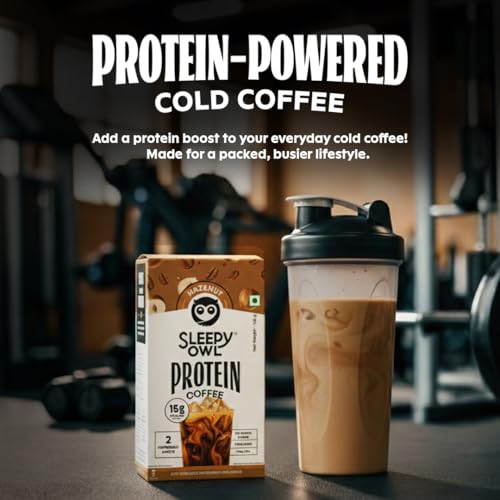 Image of Sleepy Owl Hazelnut Protein Coffee Powder, 15g Whey Protein & 2 Shots Espresso per Sachet, Less than 97 Cal, No Added Sugar, Real Cold Coffee, Light & Easy to Digest, Pack of 5 Sachets (5N x 25g)