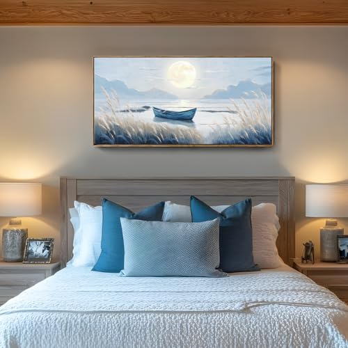 amatop Large Framed Wall Art Bedroom Living Room Decor Blue Boat Moonlight Coastal Seascape Picture Landscape Decorative Canvas Print Tranquil Night Ocean Lake Scene Artwork Nautical Wall Decor 48x24 - Image 2