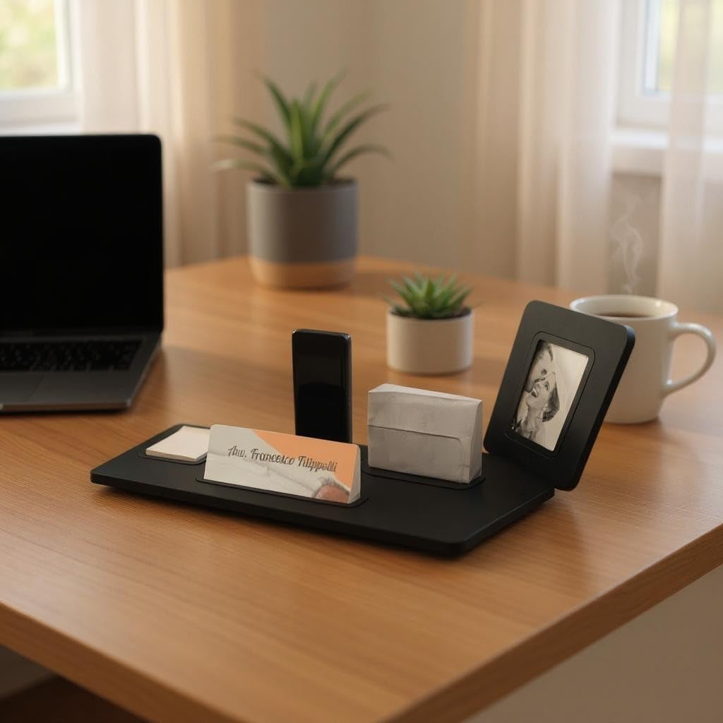 Juego de escritorio, 5 en 1 organizador de escritorio con soporte para smartphone, tarjetero, porta tarjetas, caballero personalizado + portafotos para oficina y casa (PU negro)