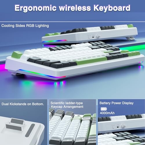 Image of (Refurbished) AULA F87 Wireless Mechanical Keyboard | 75% TKL Gasket Custom Hot Swappable Keyboard, 2.4Ghz /Type-C /Bluetooth Gaming Keyboard | Pre-lubed Switch RGB Backlit Keyboard (Green+White, Gray Wood Switch)