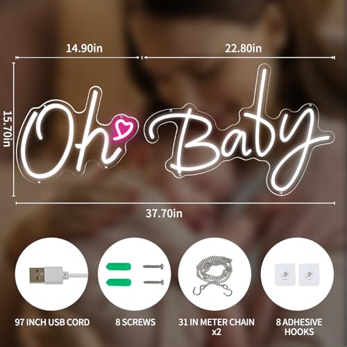 Image of Oh Baby Neon Sign Baby Shower Led Light up Sign for Backdrop Party Decor, Gender Reveal,Bedroom Wall Decor White 37.7x15.7inch