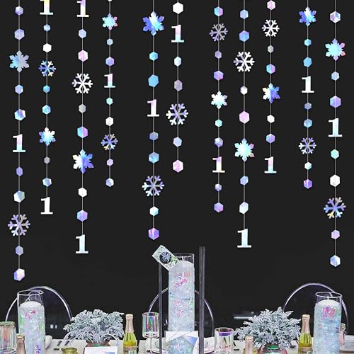 Image of 52Ft Winter Onederland Birthday Decorations Iridescent Snowflakes 1st Holographic Paper Snowflakes Garland Streamer for Winter Wonderland Christmas Frozen Snowflake First Birthday Party Supplies