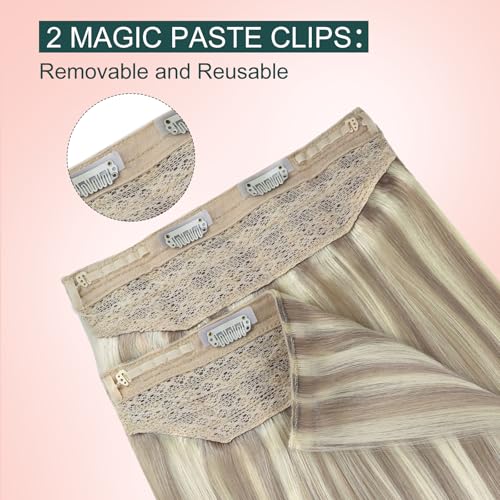 Image of Easyouth Wire Hair Extensions Blonde Highlight Wire Hair Extensions Real Human Hair Ash Blonde Highlights Blond Fish Line Remy Hair Extension for Short Straight Hair 12 Inch 70g