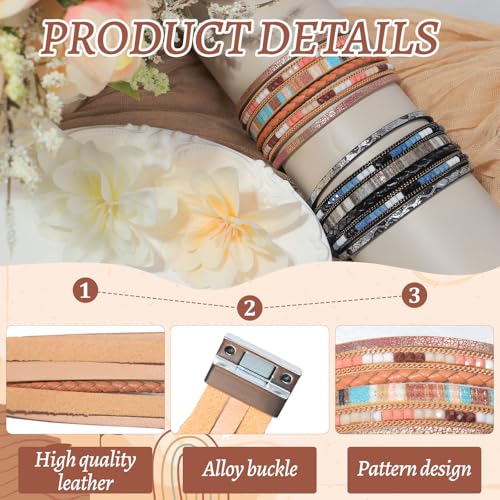 2 Pcs Leather Wrap Bracelets for Women Boho Rustic Multi-Layer Bracelet Clasp Beads Stackable Faux Rhinestone Bracelet Cuff for Women Slender Wrist3