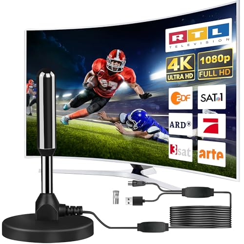 DVB-T2 Antenne mit Verstärker für Innen – Zimmerantenne für Fernseher, DVB-T/T2, TV Antenne 4K UHD Full HD, 360° Empfang bis 500 km, kostenlose Sender