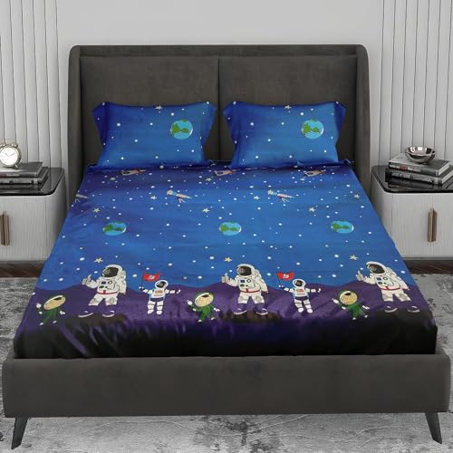 Image of Cotton Printed Bedsheet for Kids | King /Double Size Bed Bedsheet with 2 Pillow Cover | 200TC Elastic Fitted Bedsheet for Kids Room (72 inchx78 inch Upto 6 Inches,Blue, Astronaut)