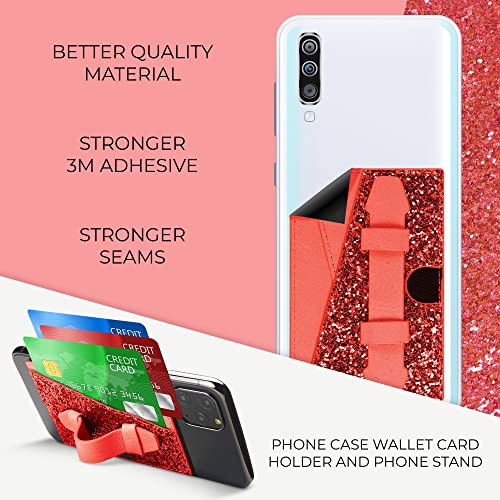 SKYLAR Stick-On Credit Card & ID Holder for Smartphone | Phone Case Wallet w/Finger Strap | 3M Quick Peel & Stick | Adjustable Strap & 2-Pocket Design | Card Holder & Phone Wallet Accessory (Red)