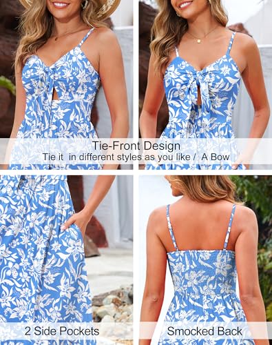 Image of Kranda Women 2026 Summer Sundress High Waist Tie Front Spaghetti Strap Long Beach Floral Tiered Maxi Dress with Pockets