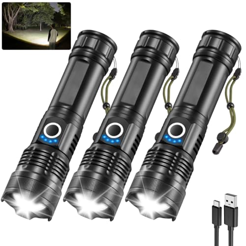 3Pack Rechargeable Flashlights High Lumens, 5Modes LED Flashlight Rechargeable, Super Bright Flashlight High Powered, Adjustable Tactical Flashlight, Powerful Flash Light for Home Emergencies
