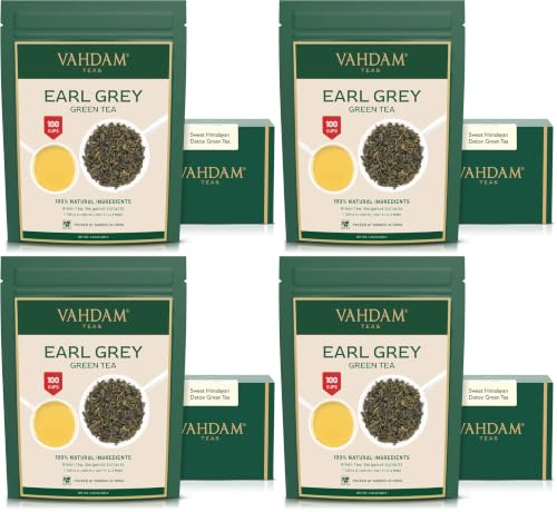 Image of VAHDAM, Earl Grey Citrus Green Tea Loose Leaf (50+ Cups, 3.5 oz) Loose Leaf Earl Grey Green Tea With Pure Bergamot Oil | High Elevation Grown | Vacuum Sealed for Freshness (Pack of 4)