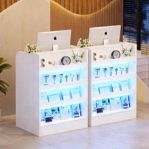 Mostrador de Recepción con Iluminación LED, Cajón con Cerrojo y Estante Exhibidor | Compacto Mostradores para Tiendas Escritorio de Recepción Moderno para Oficina, Tienda o Salón | Blanco | 60x60x95cm