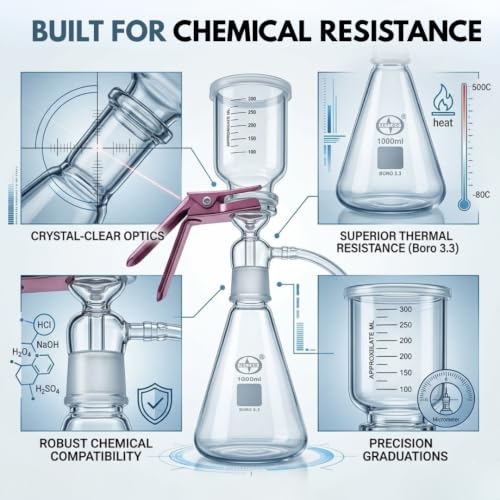 Image of ISKO Borosilicate glass Membrane Filter Holder Assembly with 350ml graduated sintered cup and silicone Pneumatic Pipe - 1000ml flask capacity B-40 Joint 47MM Filter (1 set)