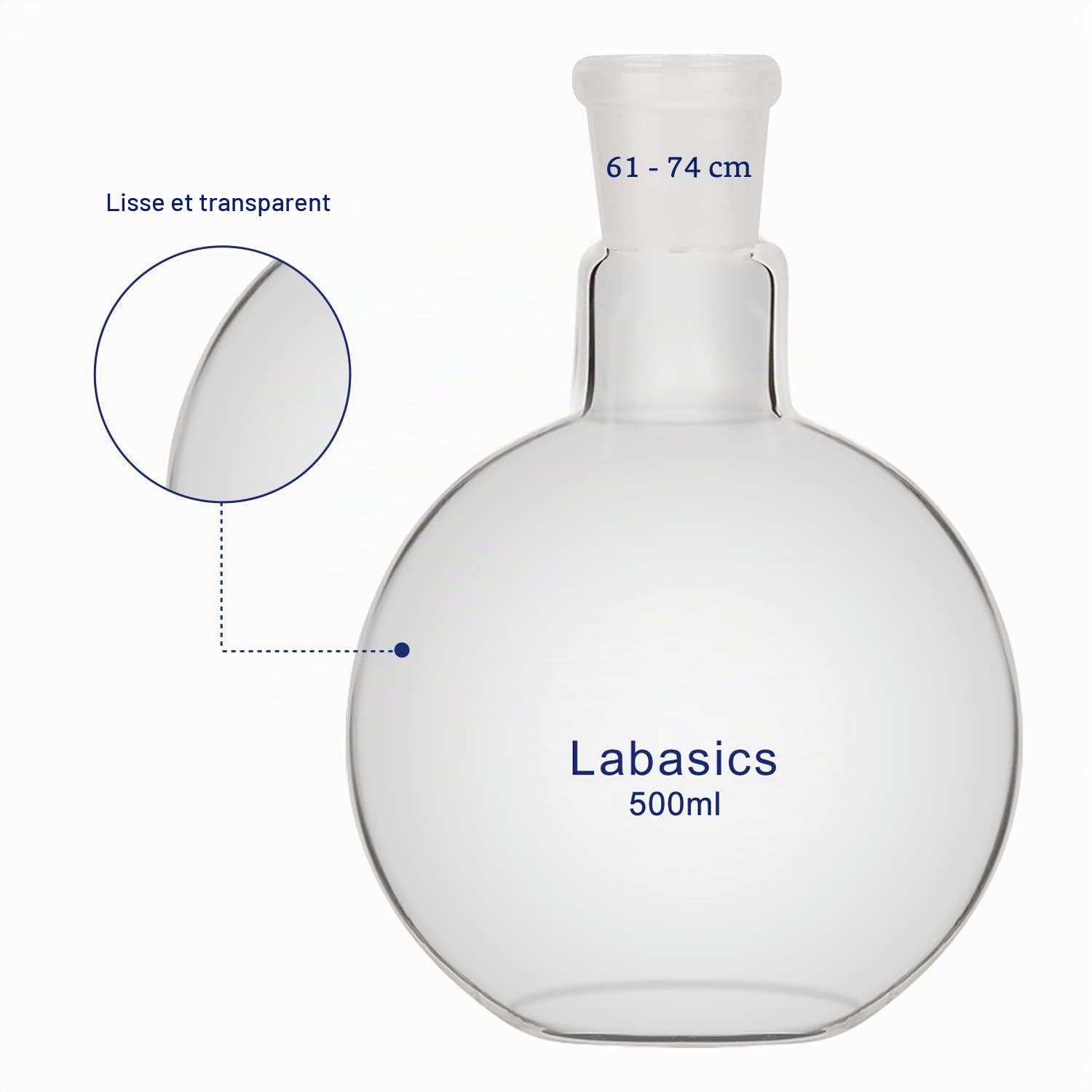 Labasics Fiole Bouillante à Fond Plat à Col Unique, Fiole Bouillante à Fond Plat en Verre Borosilicaté avec 24/29 Joint Standard, 500 ml