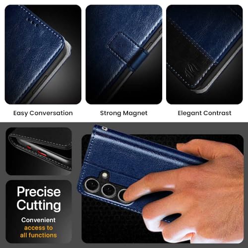 Image of FLIPPED Vegan Leather Flip Case Back Cover for Samsung Galaxy S25 Ultra 5G (Blue with Black)