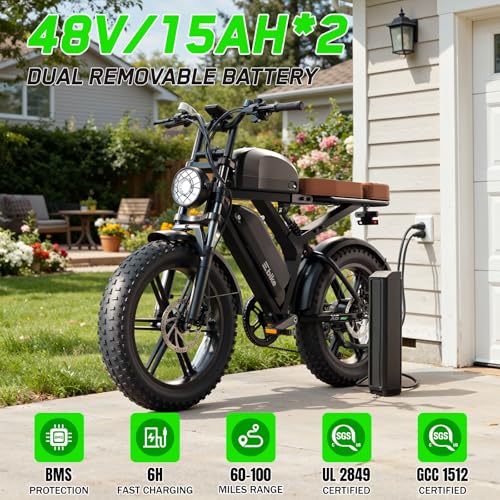 Image of SISIGAD Electric Bike for Adults,1500W Peak Motor Ebike with 48V 15 * 2Ah Dual Removable Battery, 80-100 Miles,28 MPH Electric Mountain Bike, 20 inch Fat Tire All Terrain E Bike,UL 2849 Certification