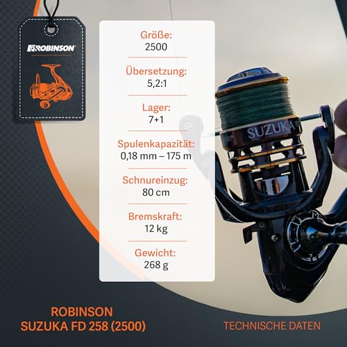 Robinson Angelrolle – Frontbremse, 8 Kugellager, Duraluminium-Spule, 5.2:1, ideal zum Angeln auf Barsch, Zander und Hecht – Suzuka (2500)