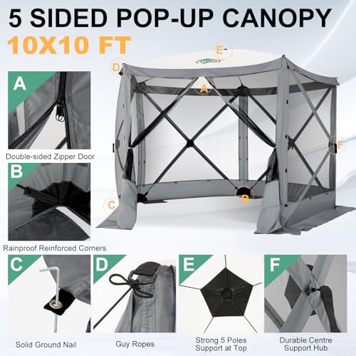 Image of COBIZI 10x10 FT Pop up Gazebo, Popup Canopy Tent,Instant Screened in Gazebos, Waterproof Portable Outdoor Small Screen Tents Sun Shelter,carpas para Patio for Camping, Garden and Backyard,Gray