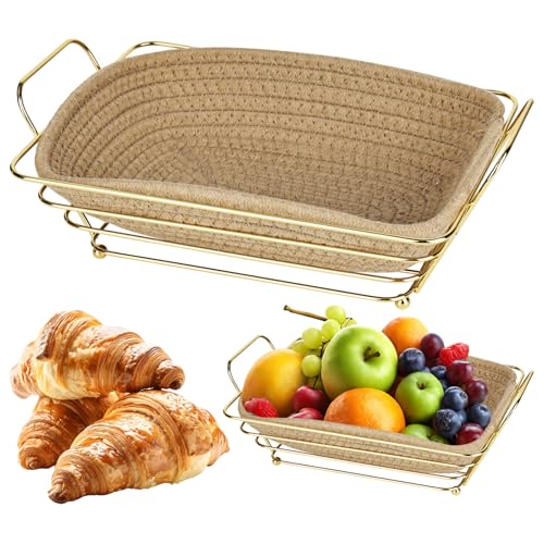 XTDMJ Panera de metal, moderna cesta de pan con inserto de tela extraíble, cesta rectangular para desayuno, para pan, panecillos y baguette (beige)