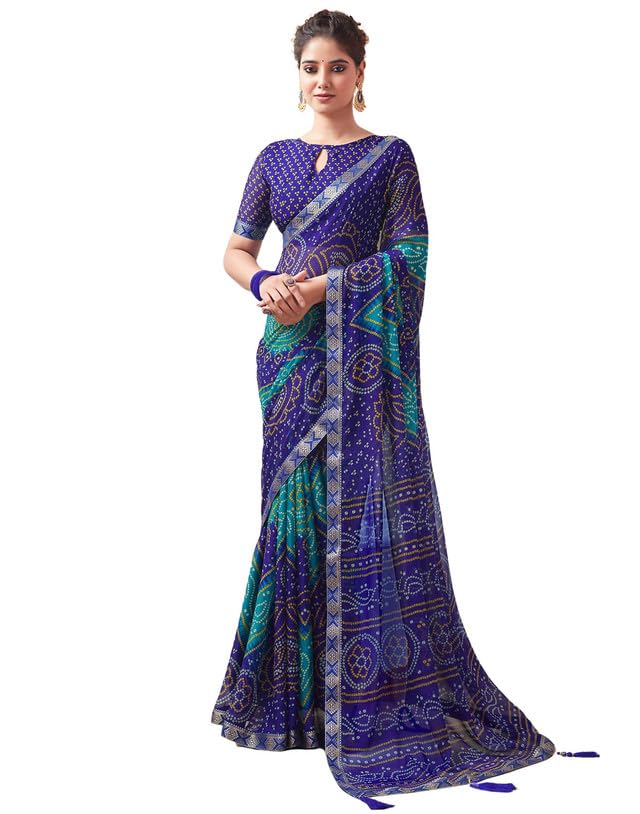 Women's Bandhani Printed Chiffon Saree With Blouse(2612S2080_) 5.5 Meters Orange & Red
