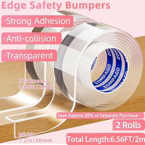 Image of ZOMPAGO Baby Proofing Edge Protector Strip 2 Rolls 2in x 9.84FT Clear Furniture Corner Guards for Toddlers Transparent Soft Sharp Edge Safety Bumpers Table Desk Fireplace Child Proof Protector Tape