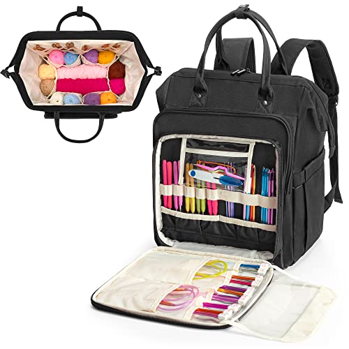 LoDrid Knitting Bag Backpack with Three Oversized Grommets, Travel Yarn Bag with Steel Frame Top, Crochet Organizer for Crochet Hooks, Knitting Needles, and Other Accessories, Black, Bag Only