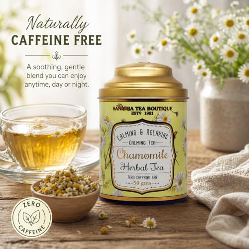 Image of Sancha Tea Boutique, Chamomile Herbal Tisane, Caffeine Free Infusion x Pack of 2 (50gm each), Real Chamomile Flowers, Traditionally Valued for Relaxation & Bedtime Calm