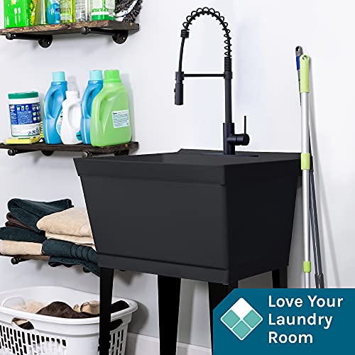 Utility Sink Extra-Deep Laundry Tub In Black With High-Arc Coil Pull-Down Sprayer Faucet In Matte Black, Integrated Supply Lines, P-Trap Kit, Heavy Duty Floor Mounted Freestanding Wash Station #TOP2