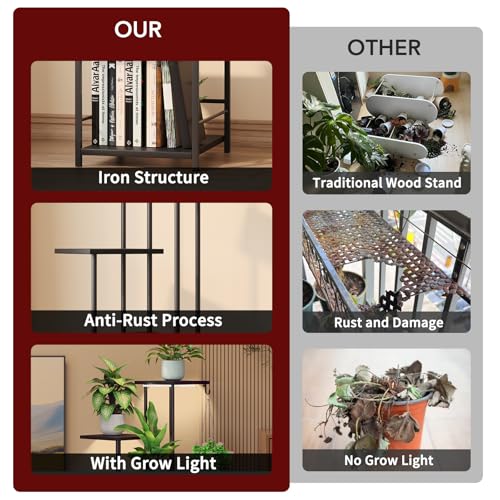 Image of Homsorout Plant Stand Indoor with Grow Light - 5-Tier Metal Plant Shelf with Hanging Basket Hook, Corner Tall Flower Holder for Multiple Plants, Living Room Balcony Garden Patio, Black