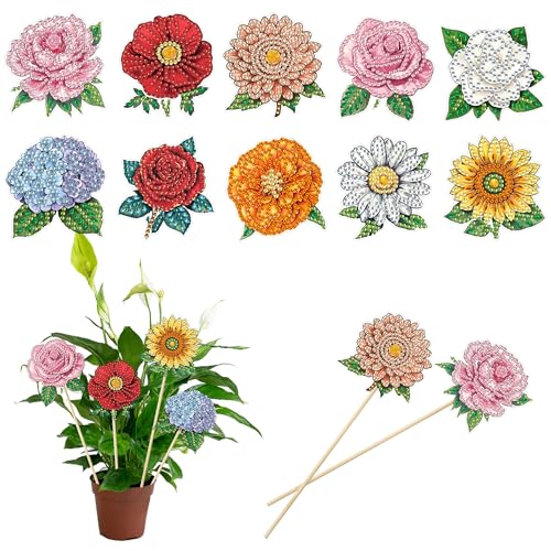 Bimkole 10 Pcs Flower Diamond Art Kits for Adults, 5D DIY Plant Stake Flower Pot Decoration | Small Flowers Stakes Diamond Art Supplies Crafts for Indoor Outdoor Garden Yard Party Decor