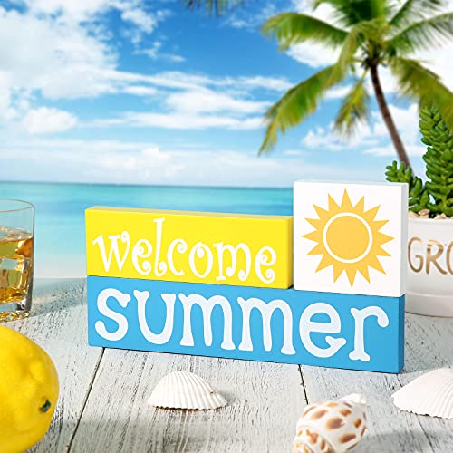 3 Pieces Wooden Welcome Summer Blocks, Farmhouse Wood Welcome Summer Tiered Tray Decor, Rustic Sun Wooden Sign Table Decor For Summer Desk Shelf Window Tiered Tray #TOP28