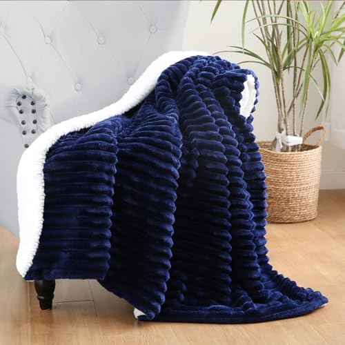 Linecooo Navy Blue Sherpa Fleece Throw Blanket 50”×60” for Couch Sofa Bed,Super Soft Cozy Plush Double Side Thick Flannel Blanket with Striped Design Lightweight for Adults,Woman,Girls