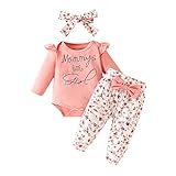 Dcohmch Newborn Baby Girl Fall Outfits Letter Printed Long Sleeve Rompers Floral Bow Pants and Headb