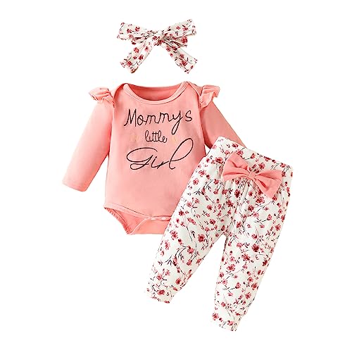 Dcohmch Newborn Baby Girl Fall Outfits Letter Printed Long Sleeve Rompers Floral Bow Pants And Headband 3 Piece Clothes (Pink, 9-12Months) #TOP5