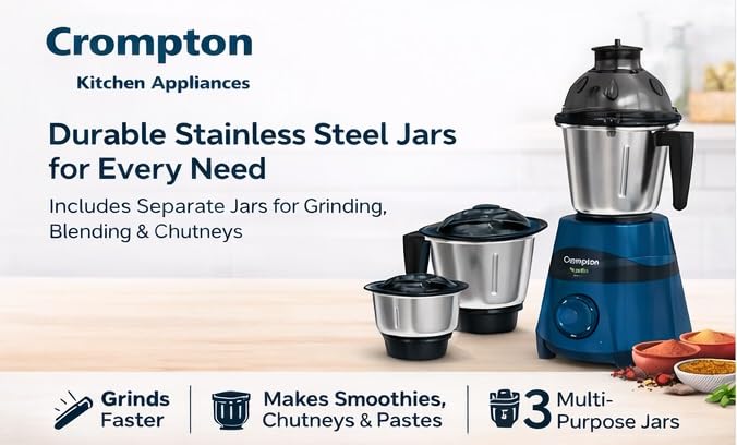 Image of Crompton Nigella Neo 750 Watts Mixer Grinder | Powertron Motor | 3 Stainless Steel Jars (1.5L, 1L, 500ml) | Heavy Duty Grinding, Blending, Chutney & Smoothie Maker for Kitchen