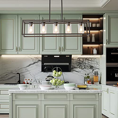 Xilicon Oil Rubbed Bronze Farmhouse Chandelier Dining Room Lighting Fixture Hanging 5 Light Kitchen Island Lighting With Glass Shade For Dining Room #TOP3