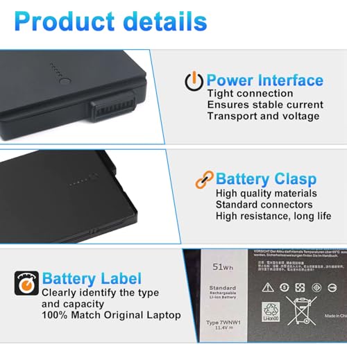 Image of 51Wh 7WNW1 Laptop Battery Replacement for Dell Latitude 5420 5424 7424 Rugged Extreme P85G P85G001 P86G P86G001 P137G P137G001 P137G002 Series DMF8C GK3D3 6NNCF DP3KF DMF0C 451-BCHV 11.4V