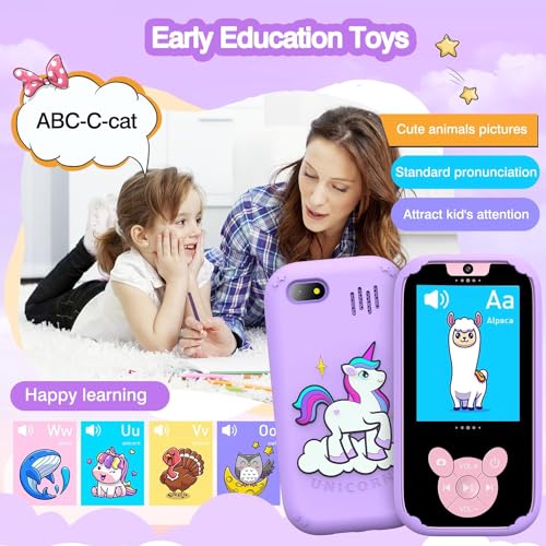 ZONEY Kids Smart Phone, Toddler Kids Camera Phone Toy, Touchscreen Unicorn Learning Toy Phone with Educational Games, Dual Camera MP3 Music Player, Boys Girls Birthday Gifts (Purple)