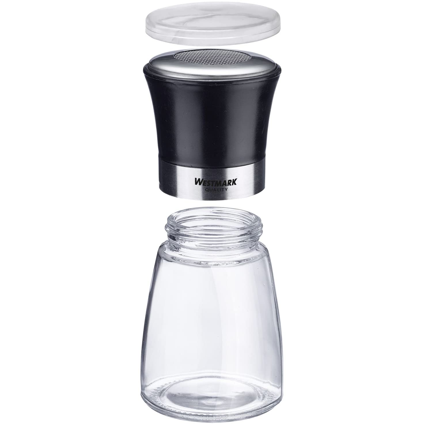 Westmark Dozownik do cukru pudru, Z pokrywą utrzymującą aromat, Pojemność: 190 ml, Szkło/Stal nierdzewna/Tworzywo sztuczne, Blacky, Przezroczysty/Czarny/Srebrny, 69512260