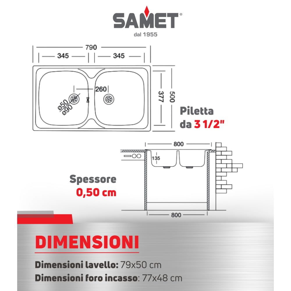 Lavello da Cucina Due Vasche in Acciaio Inox da Incasso 50x79 Cm